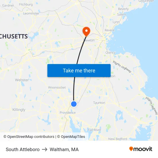 South Attleboro to Waltham, MA map