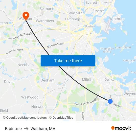 Braintree to Waltham, MA map