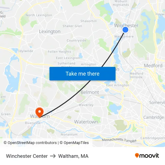 Winchester Center to Waltham, MA map