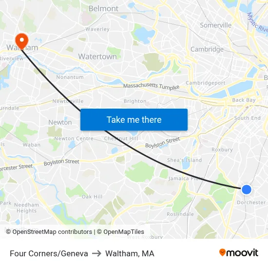 Four Corners/Geneva to Waltham, MA map