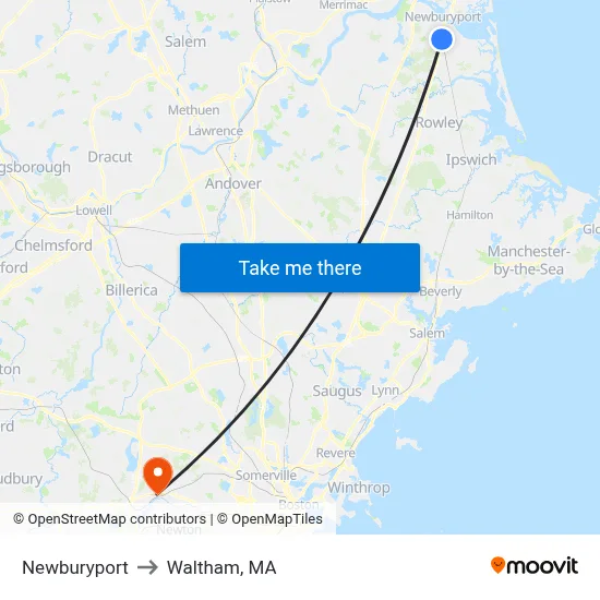 Newburyport to Waltham, MA map