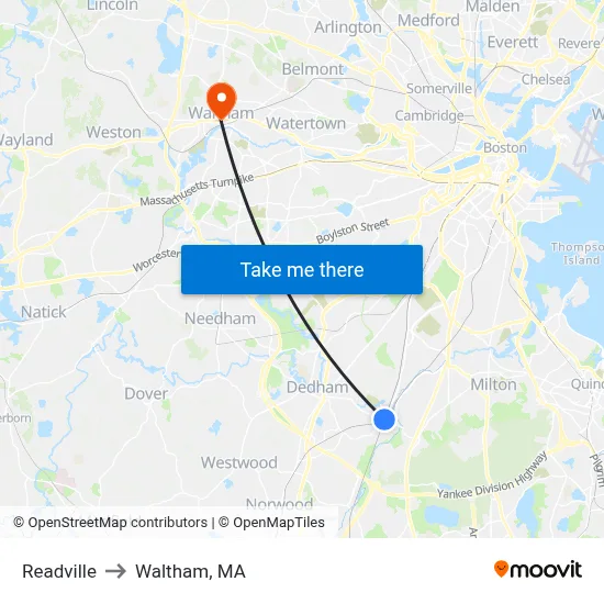 Readville to Waltham, MA map