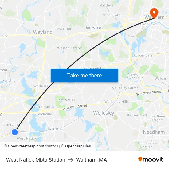 West Natick Mbta Station to Waltham, MA map