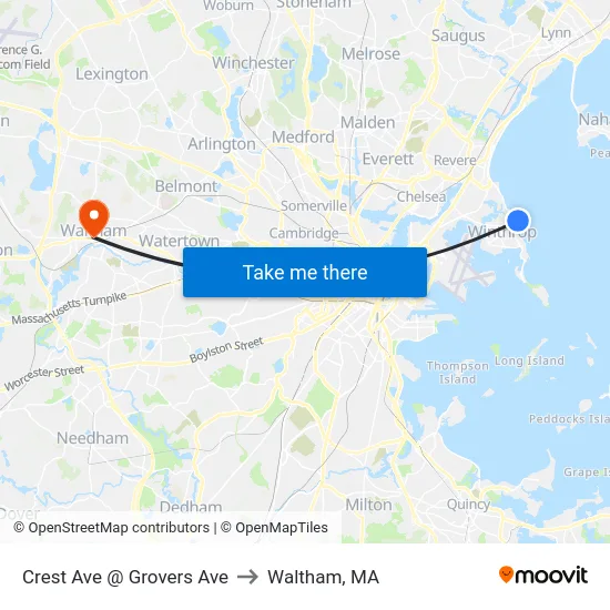 Crest Ave @ Grovers Ave to Waltham, MA map