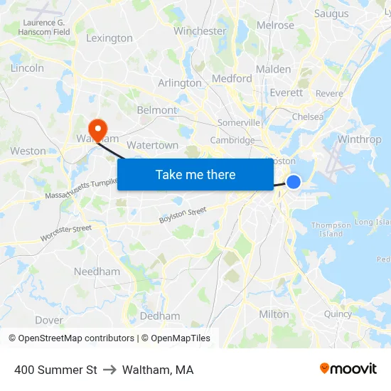 400 Summer St to Waltham, MA map
