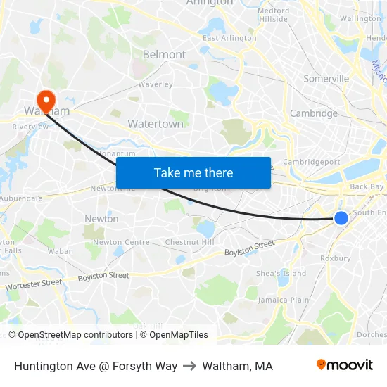 Huntington Ave @ Forsyth Way to Waltham, MA map