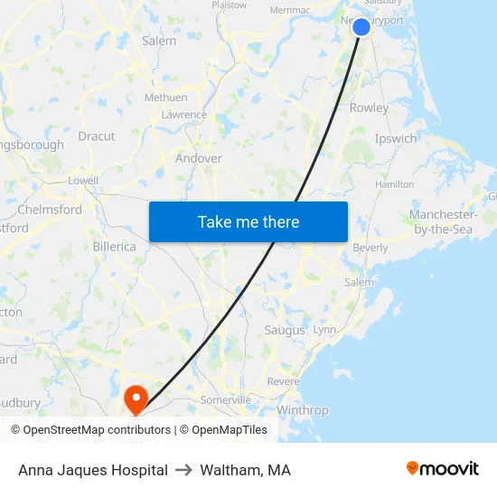 Anna Jaques Hospital to Waltham, MA map