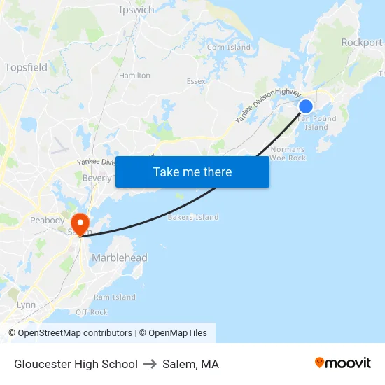 Gloucester High School to Salem, MA map