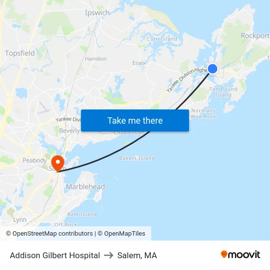 Addison Gilbert Hospital to Salem, MA map