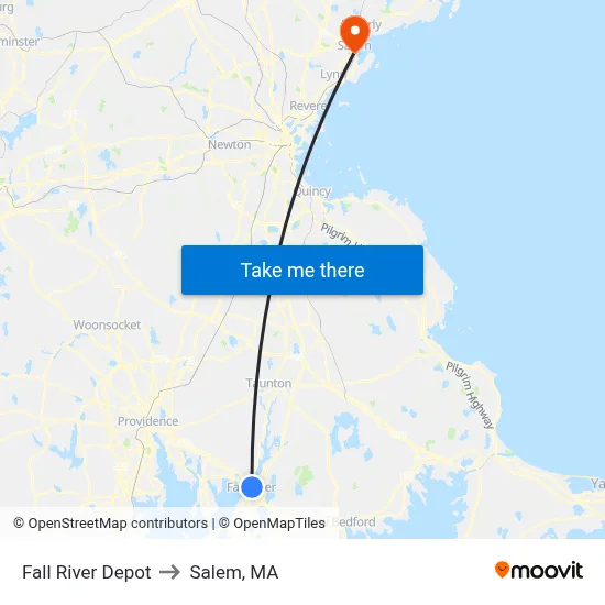 Fall River Depot to Salem, MA map