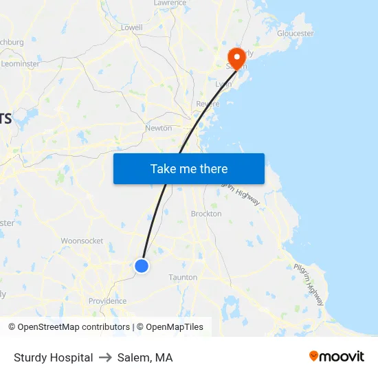 Sturdy Hospital to Salem, MA map