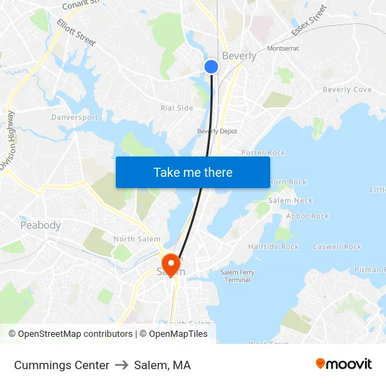 Cummings Center to Salem, MA map