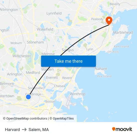 Harvard to Salem, MA map