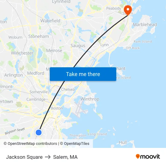 Jackson Square to Salem, MA map