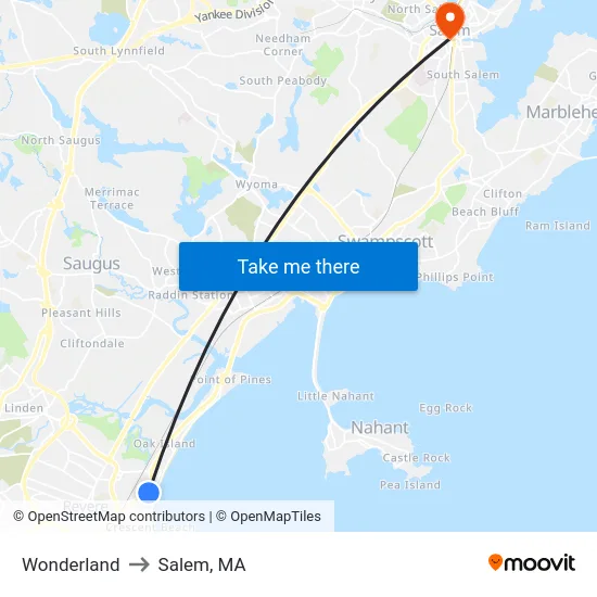 Wonderland to Salem, MA map