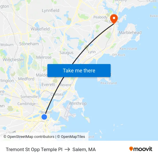 Tremont St Opp Temple Pl to Salem, MA map