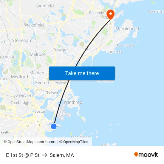 E 1st St @ P St to Salem, MA map