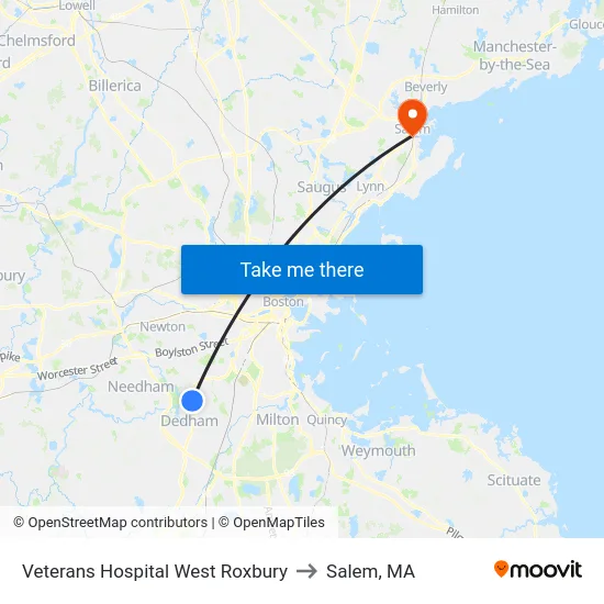 Veterans Hospital West Roxbury to Salem, MA map