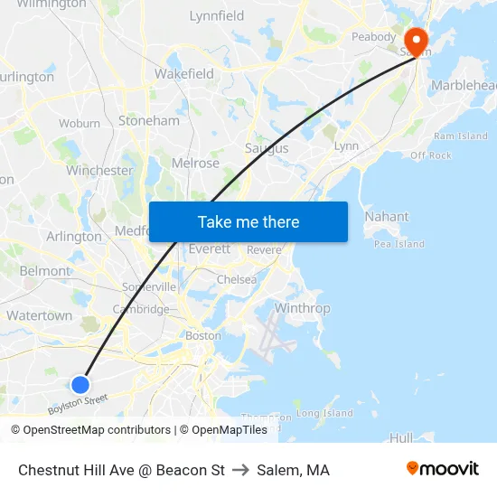 Chestnut Hill Ave @ Beacon St to Salem, MA map