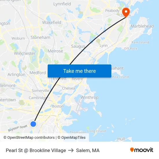 Pearl St @ Brookline Village to Salem, MA map