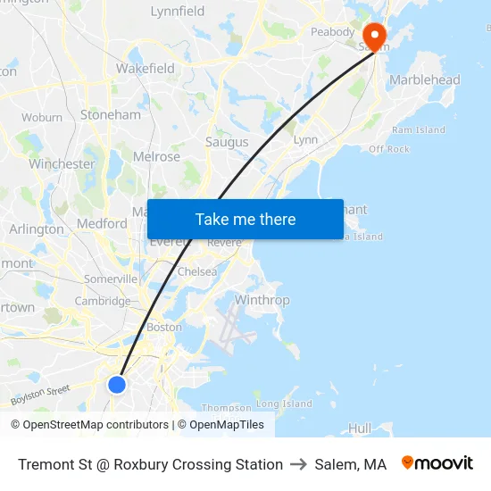 Tremont St @ Roxbury Crossing Station to Salem, MA map