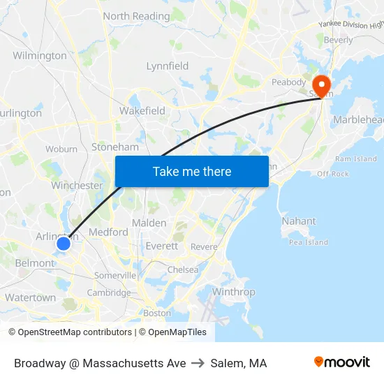 Broadway @ Massachusetts Ave to Salem, MA map