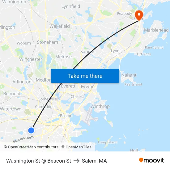 Washington St @ Beacon St to Salem, MA map