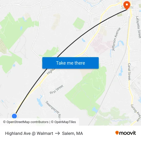 Highland Ave @ Walmart to Salem, MA map