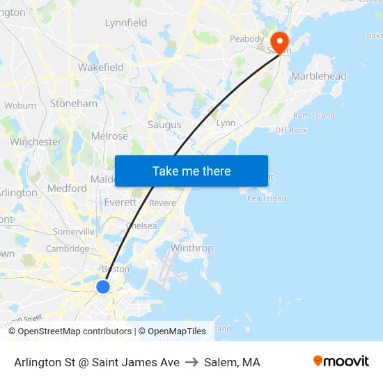 Arlington St @ Saint James Ave to Salem, MA map