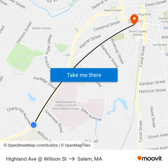 Highland Ave @ Willson St to Salem, MA map