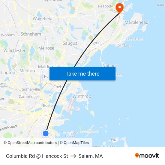 Columbia Rd @ Hancock St to Salem, MA map