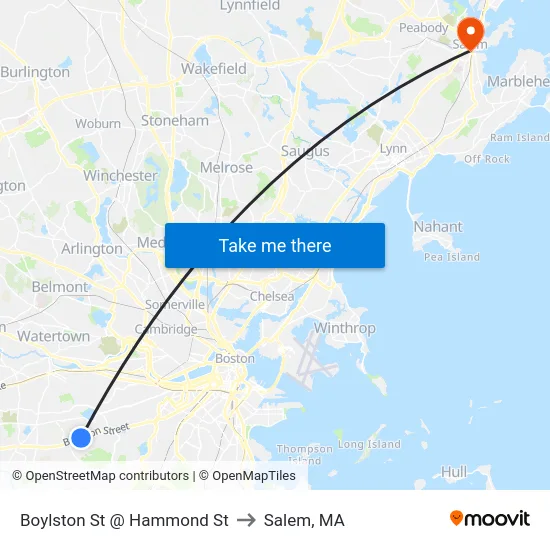 Boylston St @ Hammond St to Salem, MA map