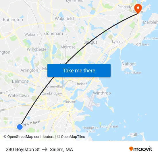 280 Boylston St to Salem, MA map