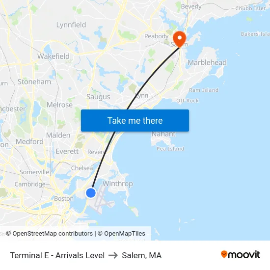 Terminal E - Arrivals Level to Salem, MA map