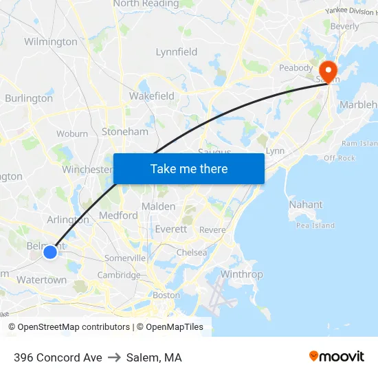 396 Concord Ave to Salem, MA map