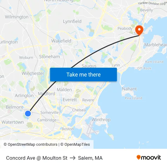 Concord Ave @ Moulton St to Salem, MA map