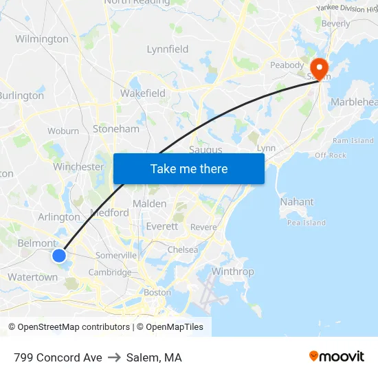 799 Concord Ave to Salem, MA map