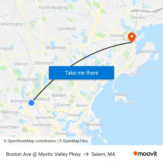 Boston Ave @ Mystic Valley Pkwy to Salem, MA map