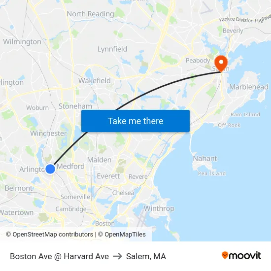 Boston Ave @ Harvard Ave to Salem, MA map
