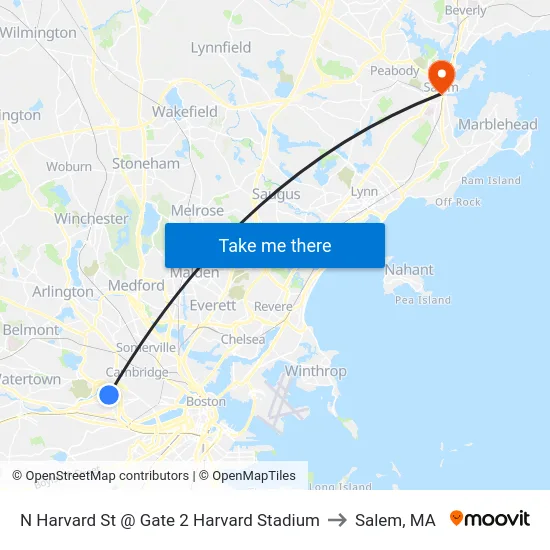 N Harvard St @ Gate 2 Harvard Stadium to Salem, MA map