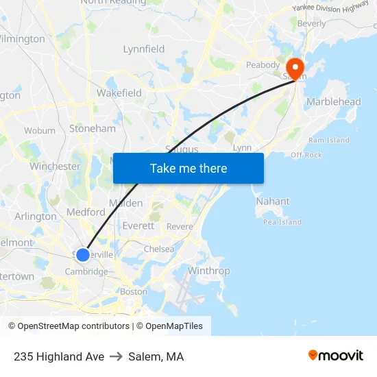 235 Highland Ave to Salem, MA map