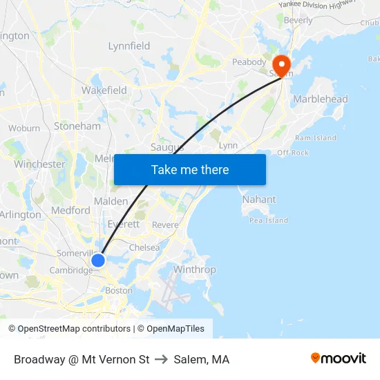 Broadway @ Mt Vernon St to Salem, MA map