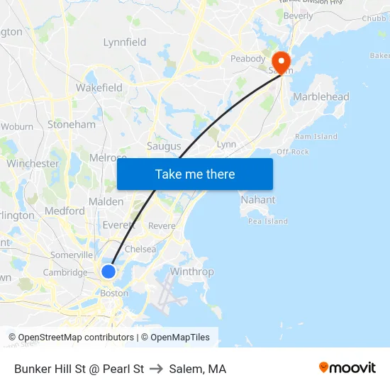 Bunker Hill St @ Pearl St to Salem, MA map