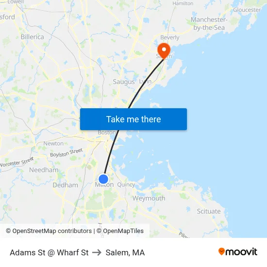 Adams St @ Wharf St to Salem, MA map