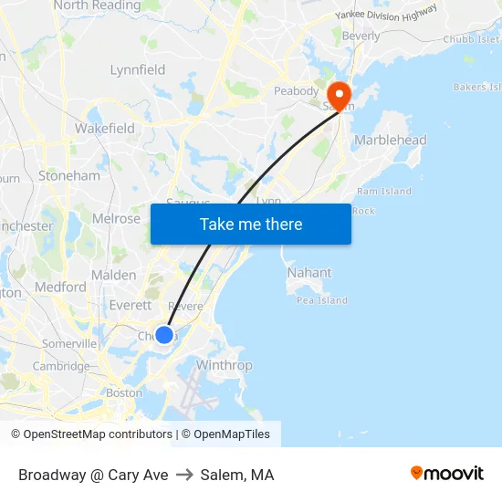 Broadway @ Cary Ave to Salem, MA map