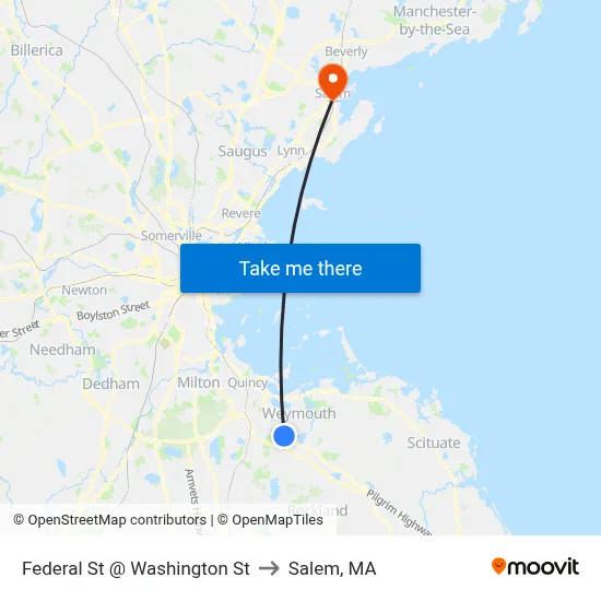 Federal St @ Washington St to Salem, MA map