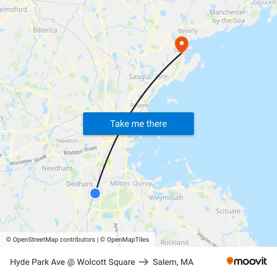 Hyde Park Ave @ Wolcott Square to Salem, MA map
