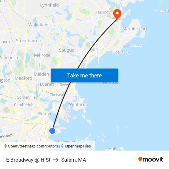 E Broadway @ H St to Salem, MA map