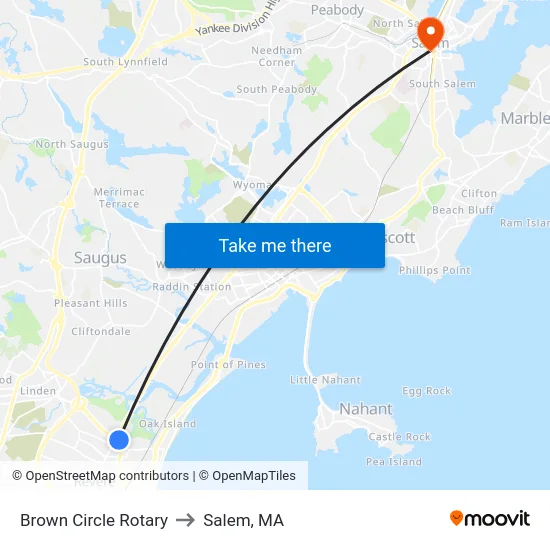 Brown Circle Rotary to Salem, MA map