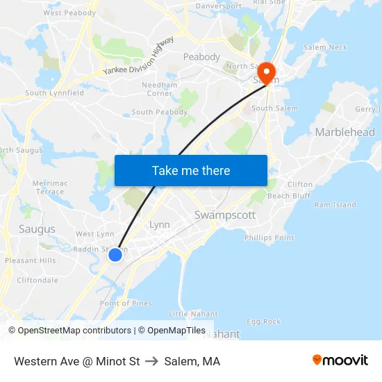 Western Ave @ Minot St to Salem, MA map
